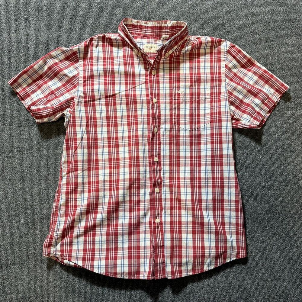 Dockers Shirt Mens Large Red Plaid Short Sleeve Button Down Pocket Casual
